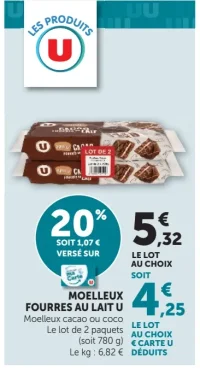Moelleux fourrés au lait U cacao ou coco