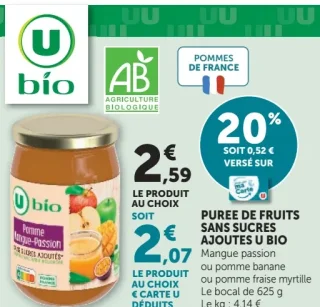 Purée de fruits sans sucres ajoutés bio U Bio