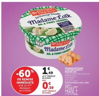 Fromage pasteurisé à tartiner fouetté Madame Loïk Ail & Fines Herbes Paysan Breton