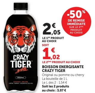 BOISSON ENERGISANTE CRAZY TIGER Original ou pomme ou cherry