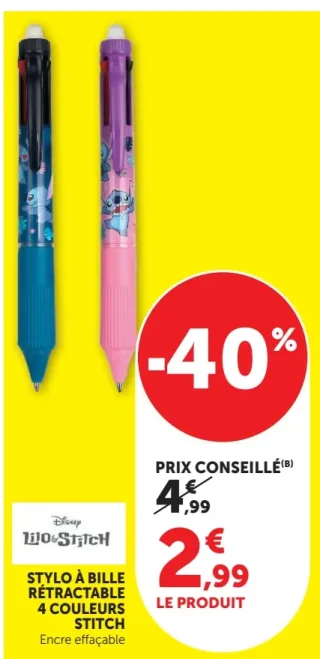 Stylo à bille rétractable 4 couleurs Stitch Disney Lilo & Stitch