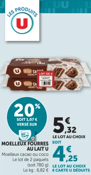 Moelleux fourres au lait U Moelleux cacao ou coco