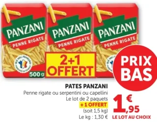 Pates Panzani Penne rigate ou serpentini ou capellini