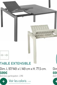 Table extensible Dim. L 97/149 x l. 149 cm x H. 77,5 cm.