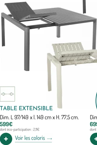 Table extensible Dim. L 97/149 x l. 149 cm x H. 77,5 cm.