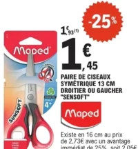 Paire de ciseaux symétrique 13 cm droitier ou gaucher "Sensoft" Maped