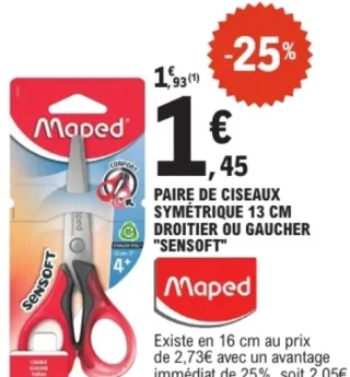 Paire de ciseaux symétrique 13 cm droitier ou gaucher "Sensoft" Maped