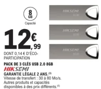 Pack de 3 clés USB 2.0 Hiksemi 8Go