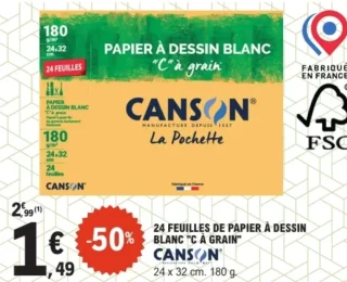 24 feuilles de papier à dessin blanc "C à grain" Canson