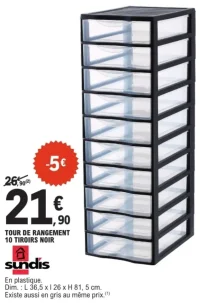 Tour de rangement 10 tiroirs noir Sundis