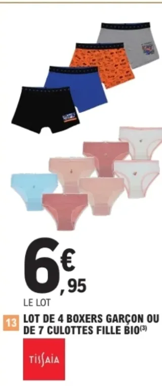 Lot de 4 boxers garçon ou de 7 culottes fille bio Tissaia
