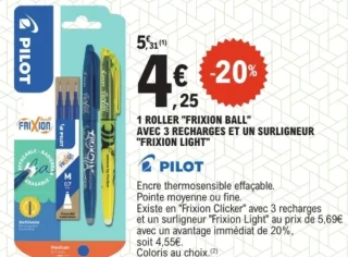 1 Roller "Frixion Ball" avec 3 recharges et un surligneur "Frixion Light" Pilot