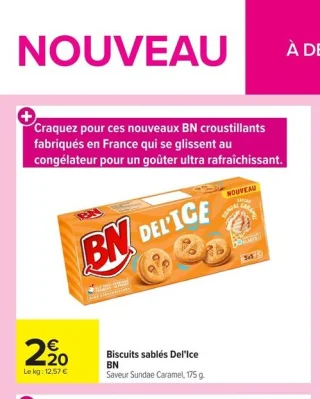 Biscuits sablés Del'Ice BN Saveur Sundae Caramel, 175 g.
