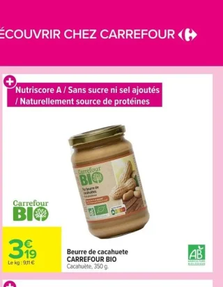 Beurre de cacahuete CARREFOUR BIO Cacahuète, 350 g.