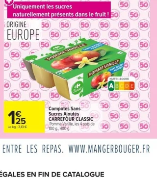 Compotes Sans Sucres Ajoutés CARREFOUR CLASSIC Pomme Vanille, les 4 pots de 100 g., 400 g.