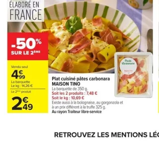 Plat cuisiné pâtes carbonara MAISON TINO