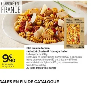 Plat cuisiné familial radiatori chorizo & fromage Italien