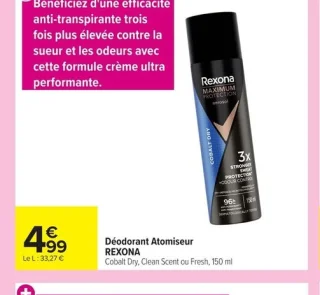 Déodorant Atomiseur REXONA Cobalt Dry, Clean Scent ou Fresh, 150 ml