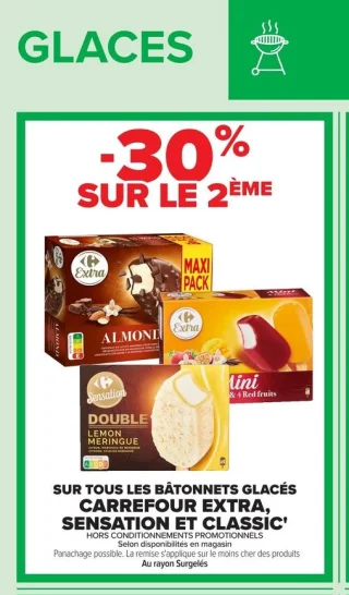 Bâtonnets glacés Carrefour Extra, Sensation et Classic'