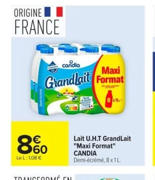 Lait U.H.T GrandLait "Maxi Format" Candia Demi-écrémé