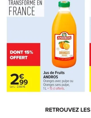 Jus de Fruits Andros Oranges avec pulpe ou Oranges sans pulpe