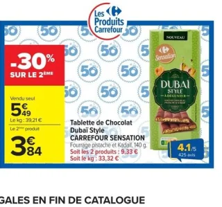 Tablette de Chocolat Dubaï Style CARREFOUR SENSATION