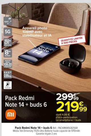 Pack Xiaomi Redmi Note 14 + buds 6