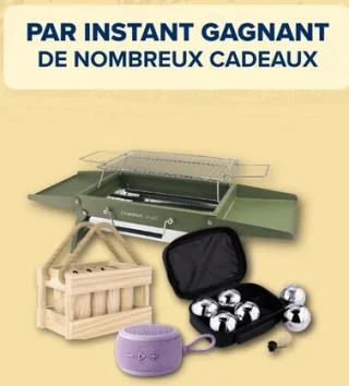 Cadeaux à gagner (barbecue, haut-parleur, jeu de boules, panier)