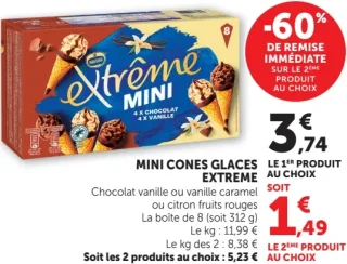 Mini Cones Glaces Extreme (Chocolat vanille ou vanille caramel ou citron fruits rouges)