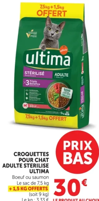 Croquettes pour chat adulte stérilisé Ultima Boeuf ou saumon