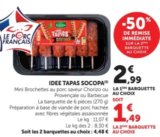 Idee tapas socopa Mini Brochettes au porc saveur Chorizo ou Provençale ou Barbecue
