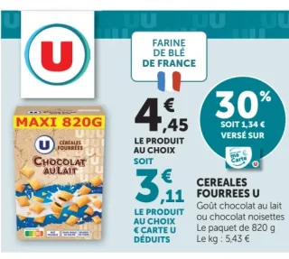 Cereales Fourrées U Chocolat au lait ou chocolat noisettes
