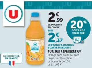 Pur jus réfrigéré U Orange sans pulpe, avec pulpe ou clémentine