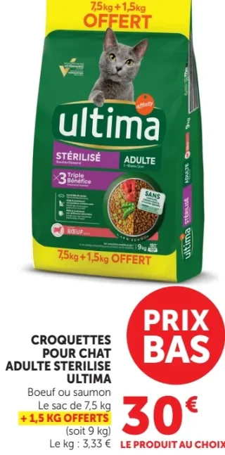 Croquettes pour chat adulte stérile Ultima Boeuf ou saumon