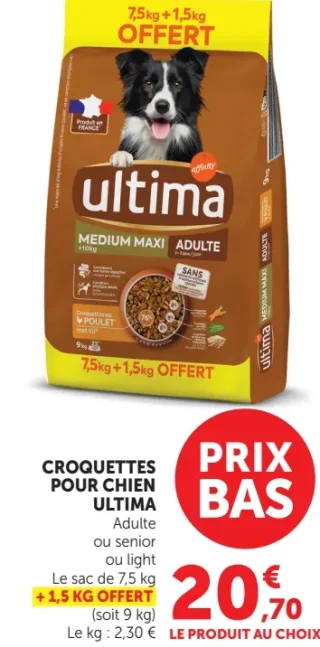 Croquettes pour chien Ultima Adulte ou senior ou light