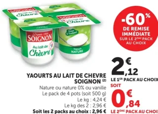 Yaourts au lait de chèvre Soignon Nature ou nature 0% ou vanille