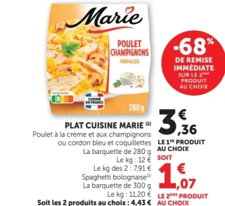 Plat cuisine Marie Poulet à la crème et aux champignons ou cordon bleu et coquillettes