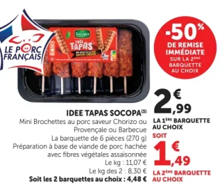 Idees Tapas Socopa Mini Brochettes au porc saveur Chorizo ou Provençale ou Barbecue