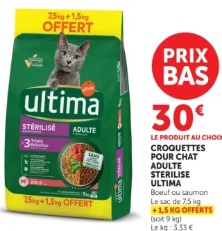 Croquettes pour chat adulte sterilise Ultima (Boeuf ou saumon)