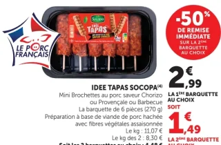 Mini Brochettes au porc saveur Chorizo ou Provençale ou Barbecue Idée Tapas Socopa