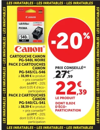 Cartouche Canon PG-540L Noire ou Pack 2 cartouches PG-545/CL-546