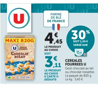 CEREALES FOURREES U Goût chocolat au lait ou chocolat noisettes