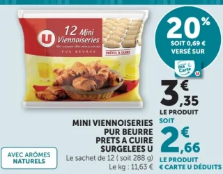 Mini viennoiseries pur beurre prêts à cuire surgelées U (Le sachet de 12)