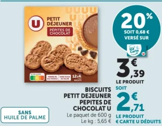 Biscuits petit déjeuner pépites de chocolat U (Le paquet de 600 g)