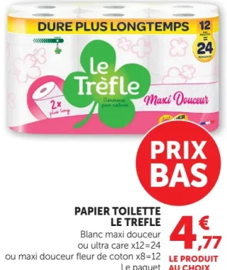 Papier Toilette Le Trèfle Blanc maxi douceur ou ultra care