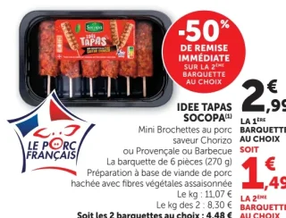 Mini Brochettes au porc saveur Chorizo ou Provençale ou Barbecue Idée Tapas Socopa