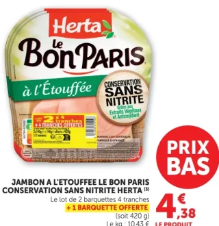 Jambon cuit supérieur à l'étouffée Le Bon Paris Herta Conservation Sans Nitrite