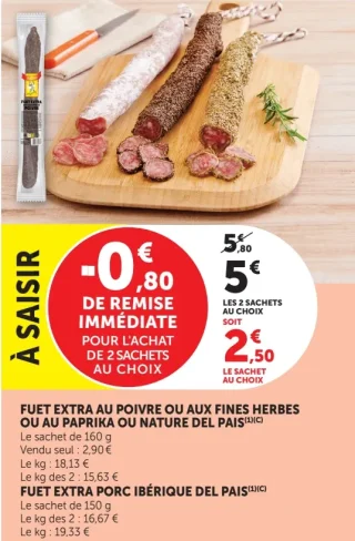 Fuet extra au poivre, fines herbes, paprika, nature ou porc ibérique Del Pais