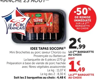 Mini Brochettes au porc saveur Chorizo ou Provençale ou Barbecue Idée Tapas Socopa