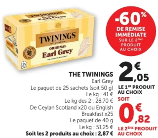 The Twinings Earl Grey ou Ceylan Scotland ou English Breakfast